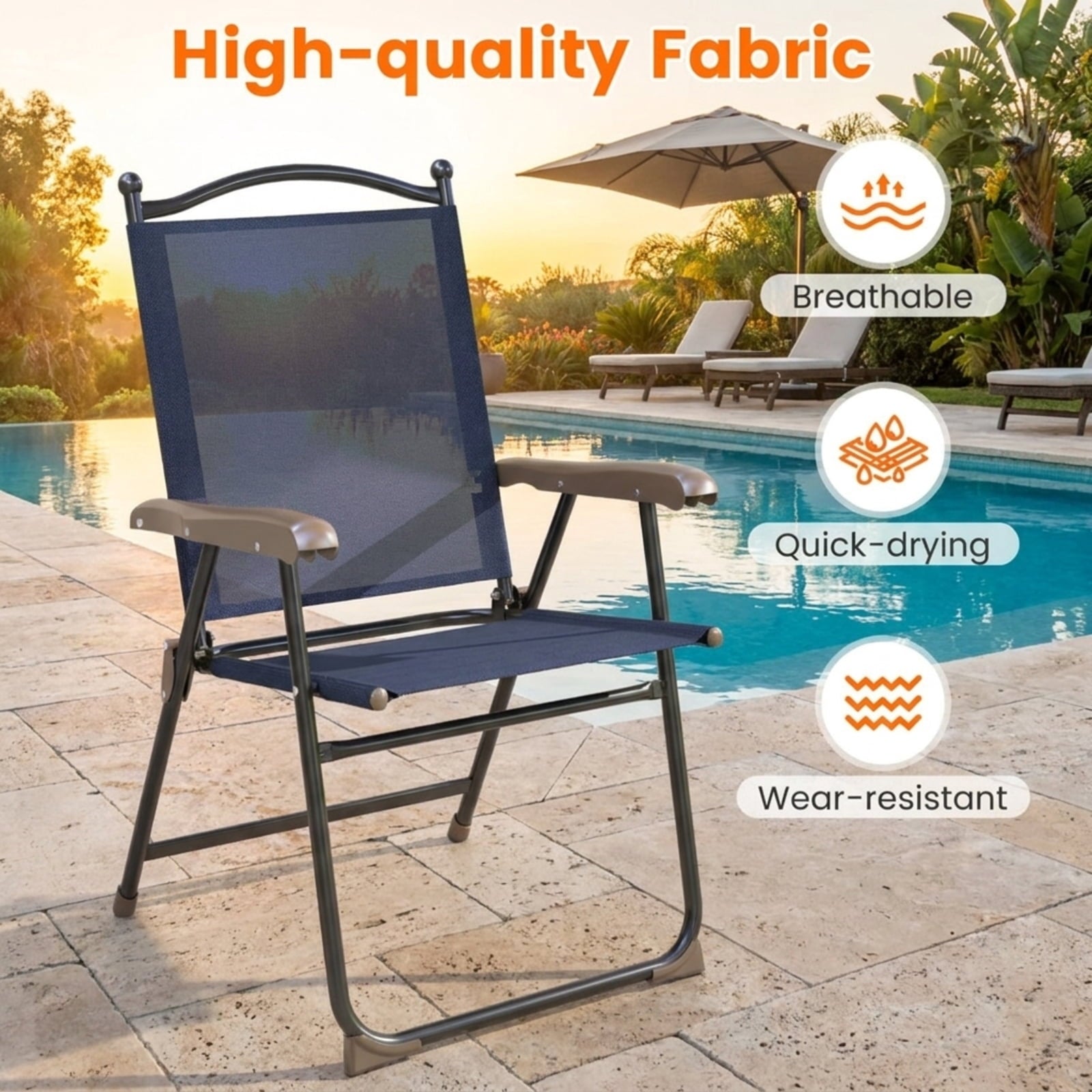 Biotree Set of 2 Patio Folding Sling Back Camping Deck Chairs Stackable Patio Chair for Garden BackyardNavy