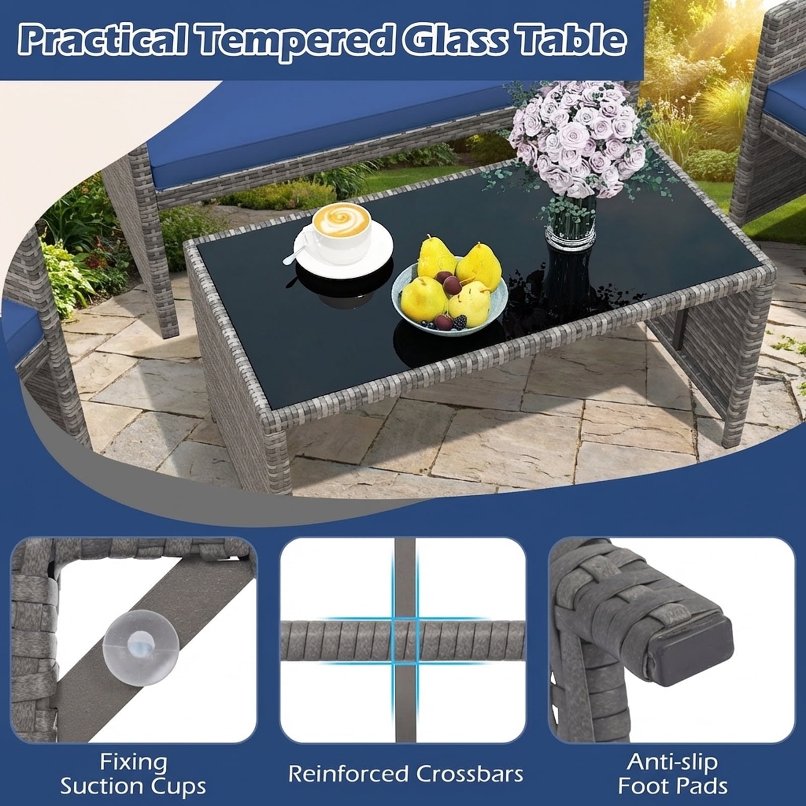 Biotree 4-Piece Patio Rattan Loveseat and Table Set-Navy