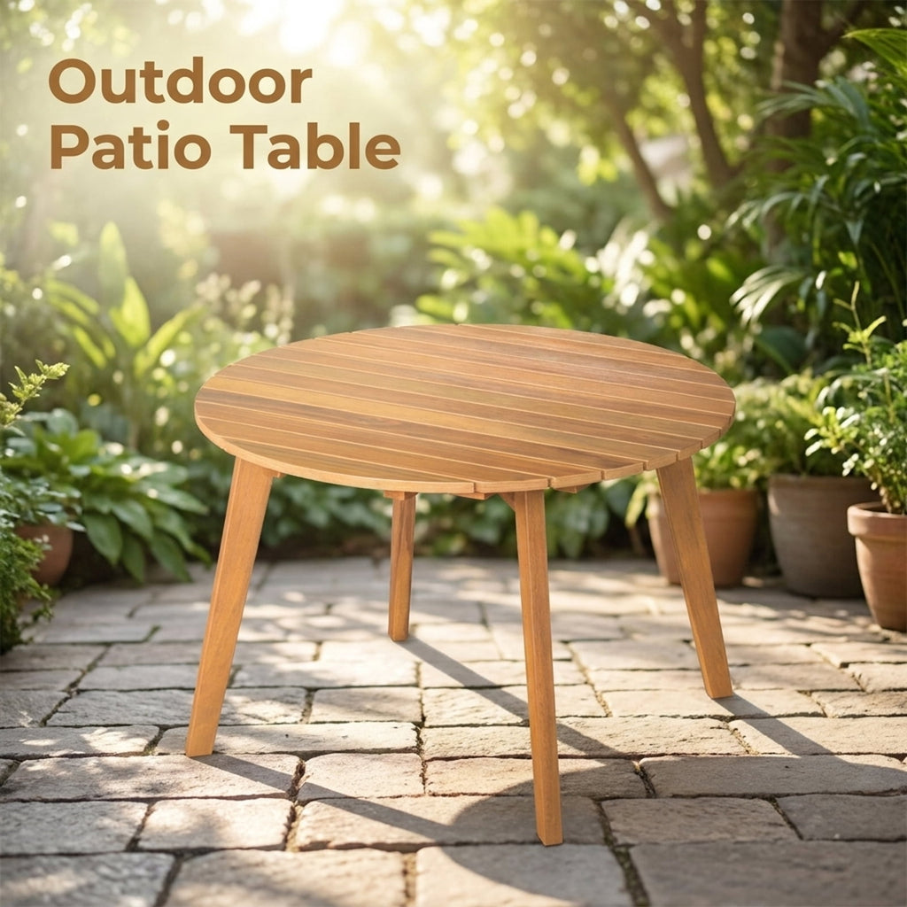 Biotree Round Outdoor Acacia Wood Side Table with Slatted Tabletop, Natural