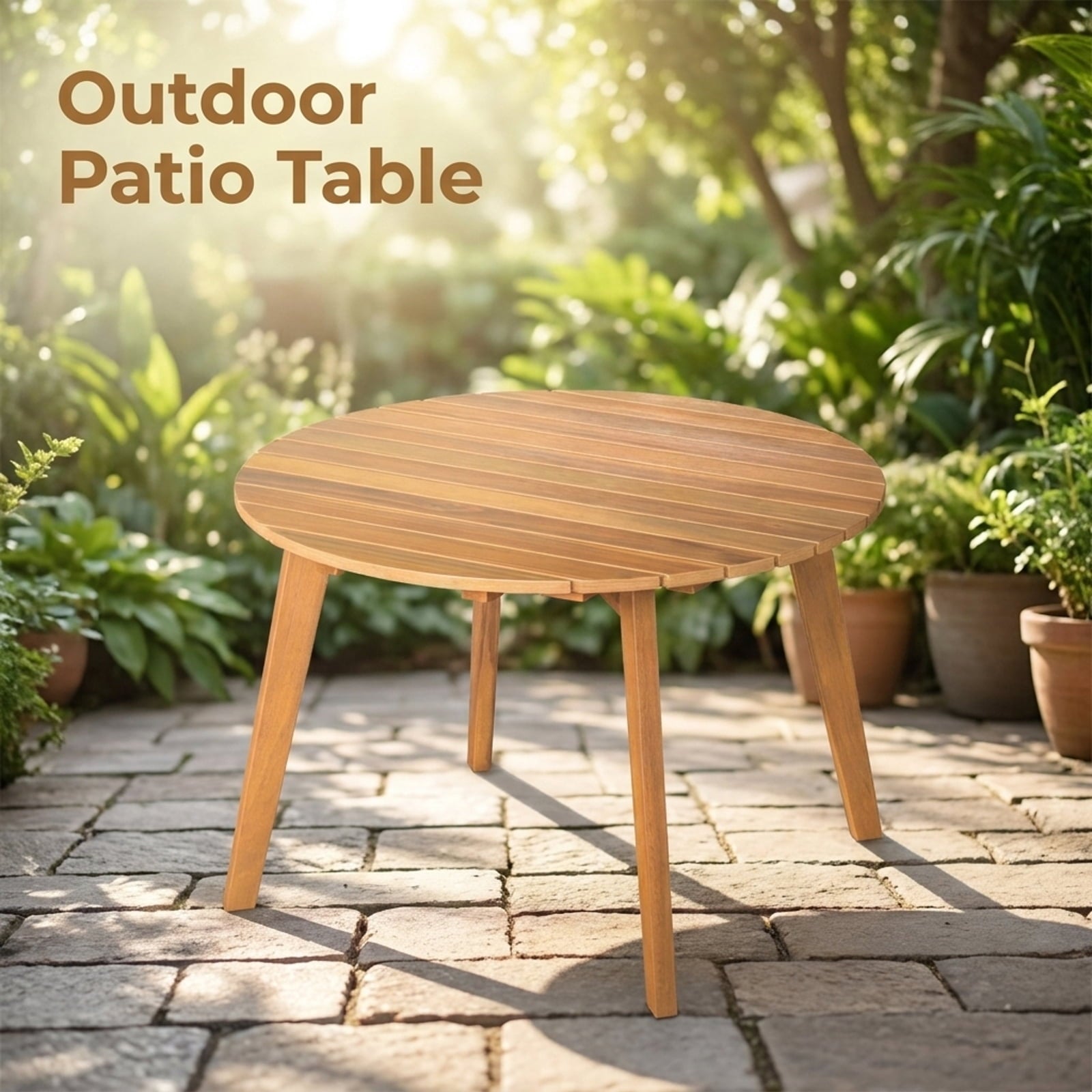 Biotree Round Outdoor Acacia Wood Side Table with Slatted Tabletop, Natural