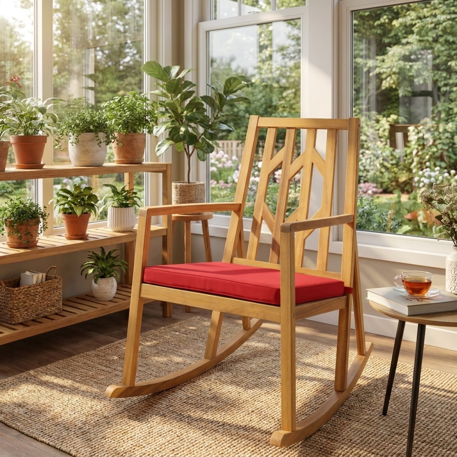 Biotree Patio Acacia Wood Rocking Chair Sofa with Armrest and Cushion for Garden and Deck Stackable Patio Chair for Garden BackyardRed