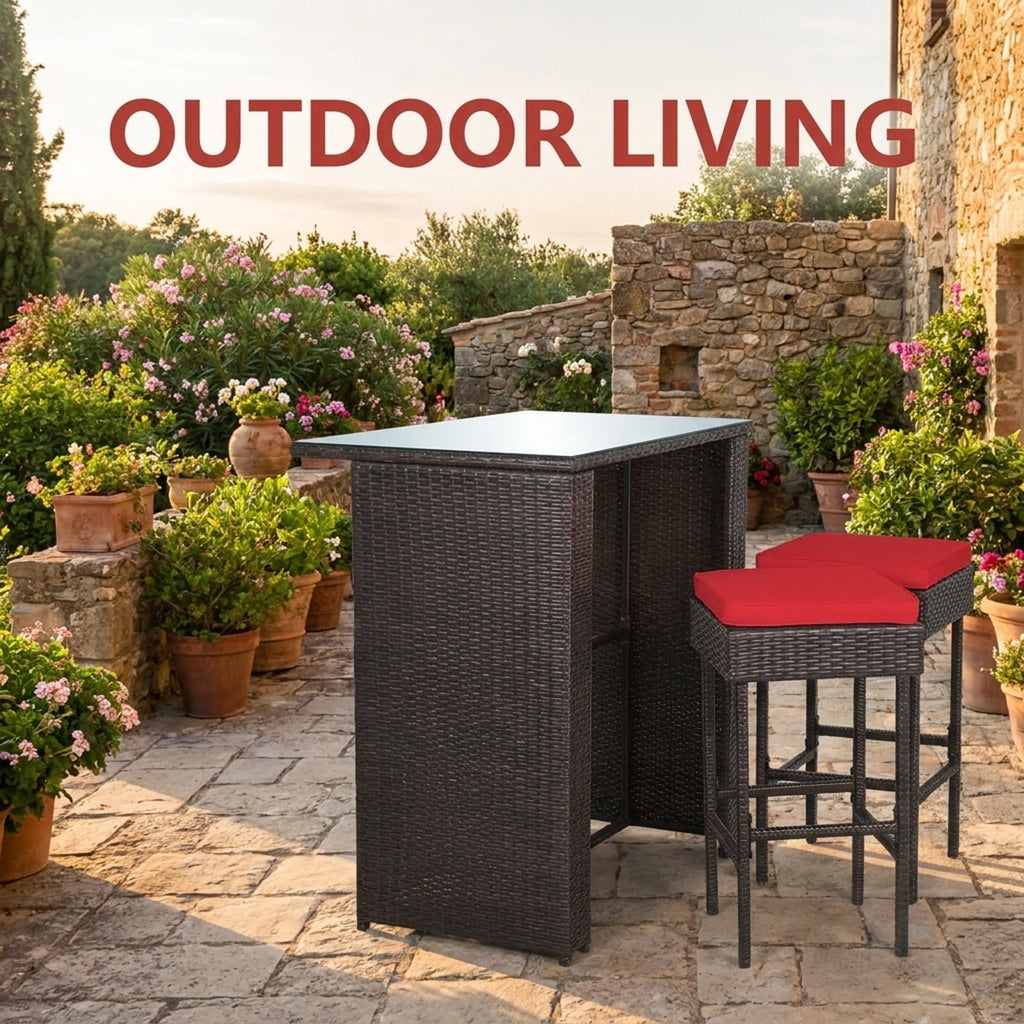Biotree 3-Piece Patio Rattan Bar Set with Glass Table and Cushioned Stools, Red - Outdoor Patio Bar Height Furniture Set for Deck Garden