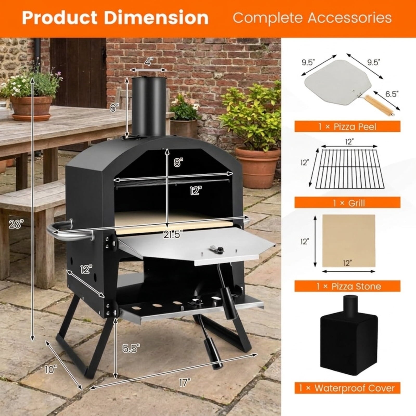 Biotree Outdoor Pizza Oven with Anti-scalding Handles and Foldable Legs for Outdoor Backyard Camping Patio BBQ, Black