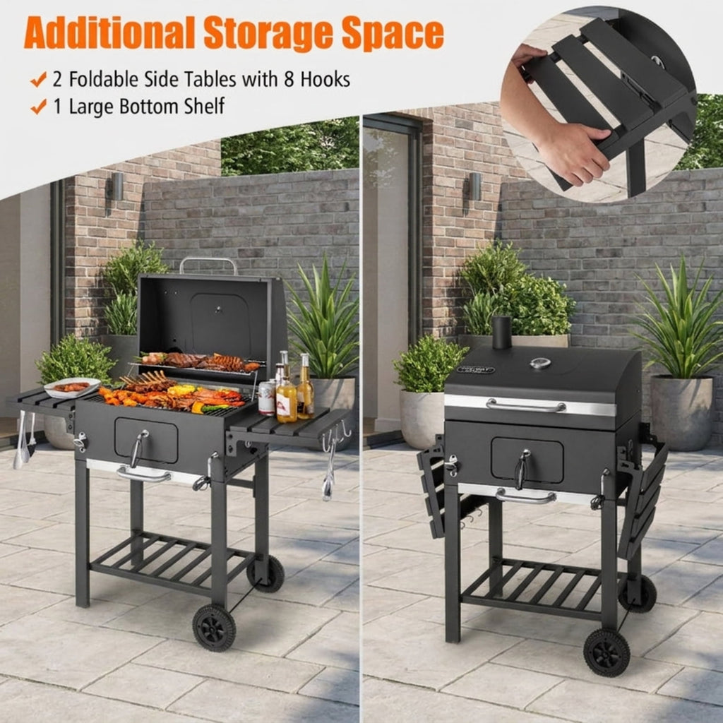 Biotree Outdoor BBQ Charcoal Grill with 2 Foldable Side Table and Wheels for Outdoor Backyard Camping Patio BBQ, Black