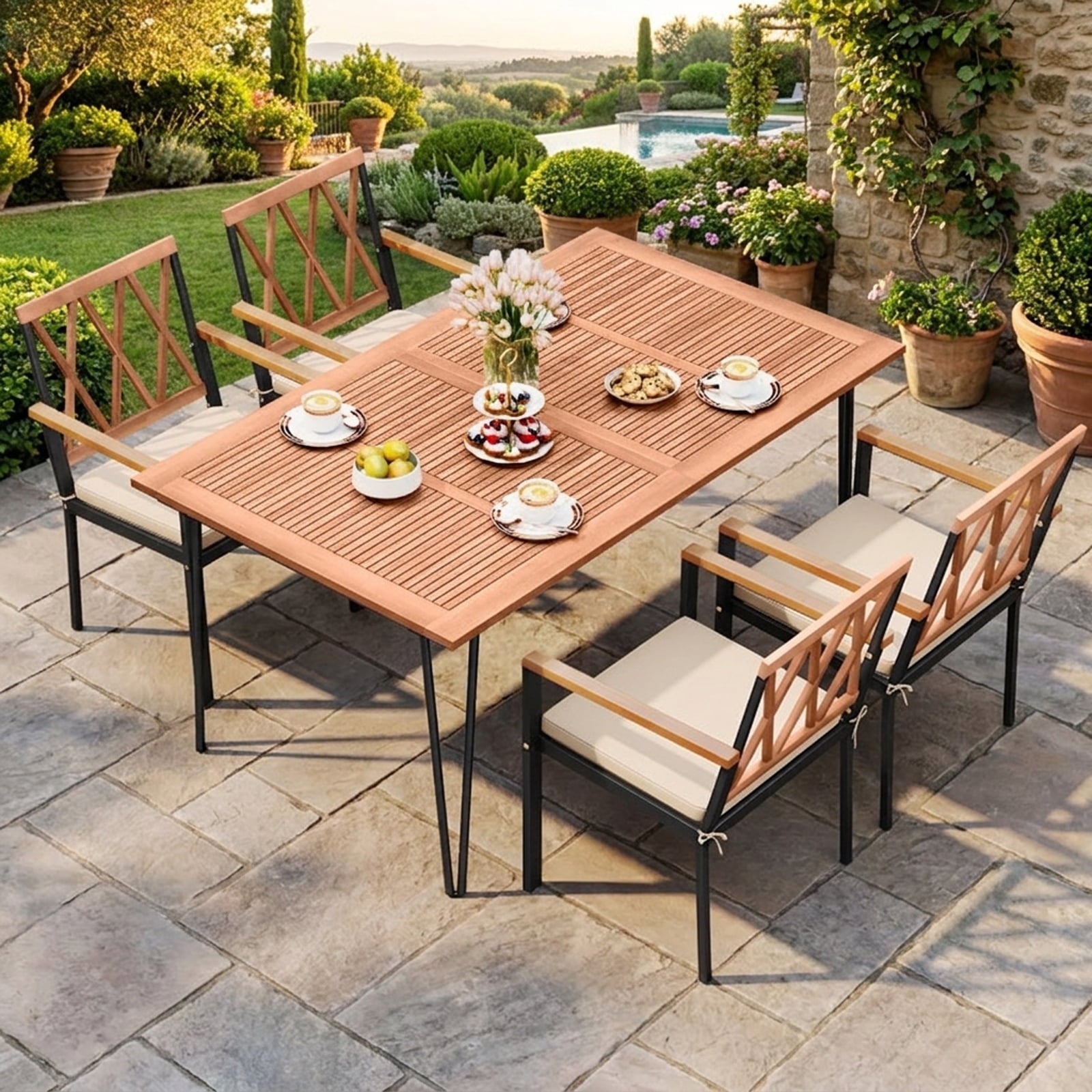 Biotree Set of 2 Patio Dining Chairs with Removable Padded Cushions-18 Inches Stackable Patio Chair for Garden BackyardBlack + Natural