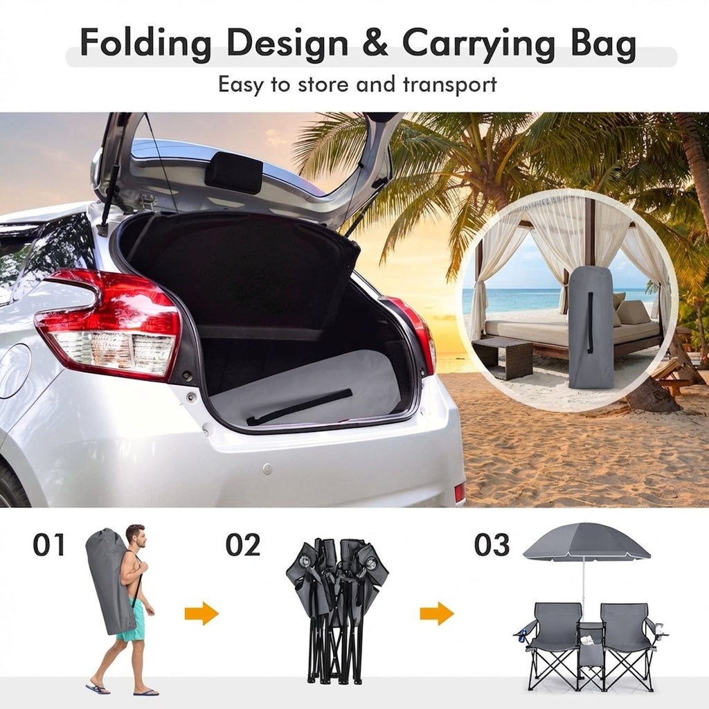 Biotree Double Camping Chair with Removable Umbrella Portable Folding Loveseat with Cooler Bag and Cup Holders for Beach Picnic, Gray