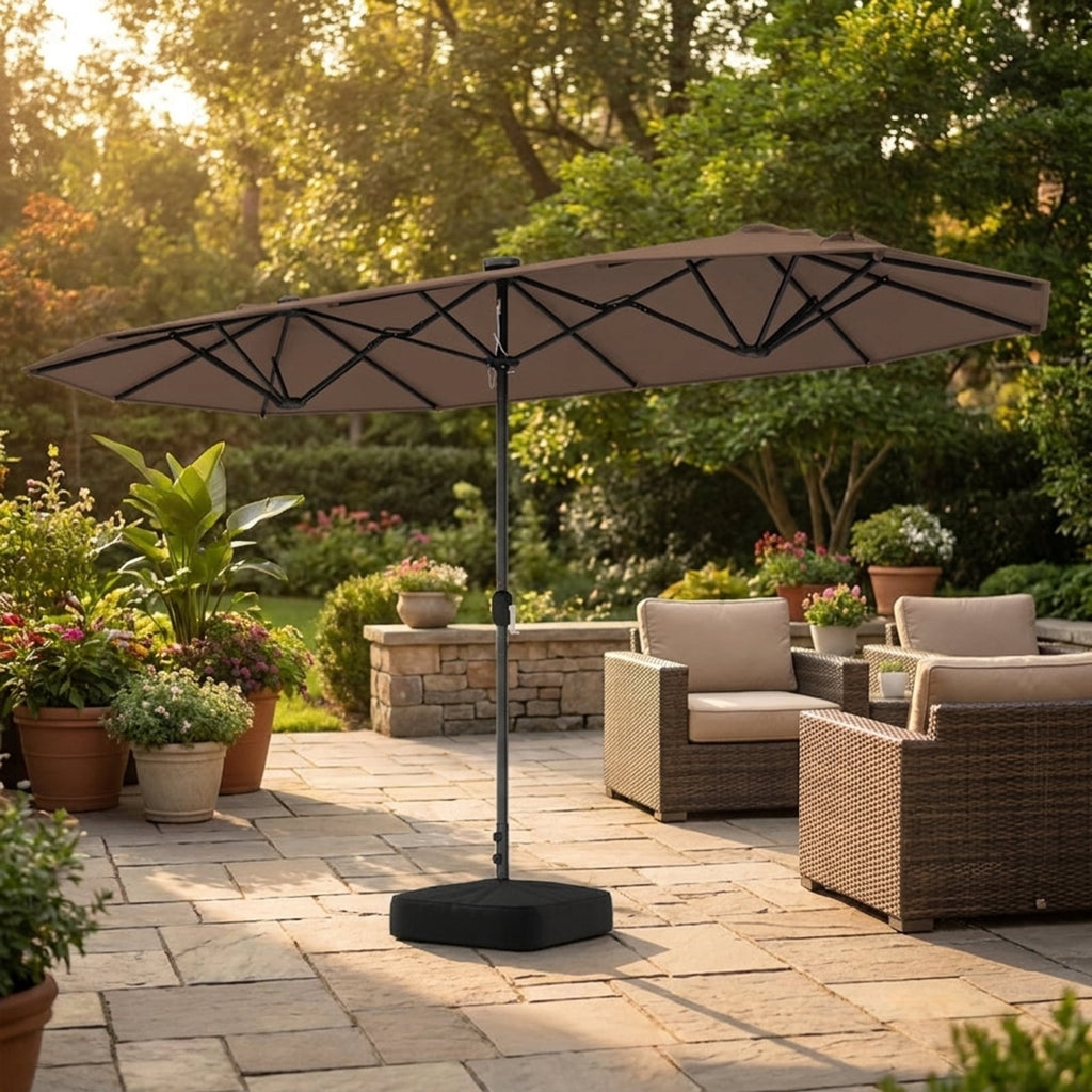Biotree 13 ft Double-Sided Twin Patio Umbrella Solar Powered Outdoor Shade - Brown - UV Protection with Cross Base