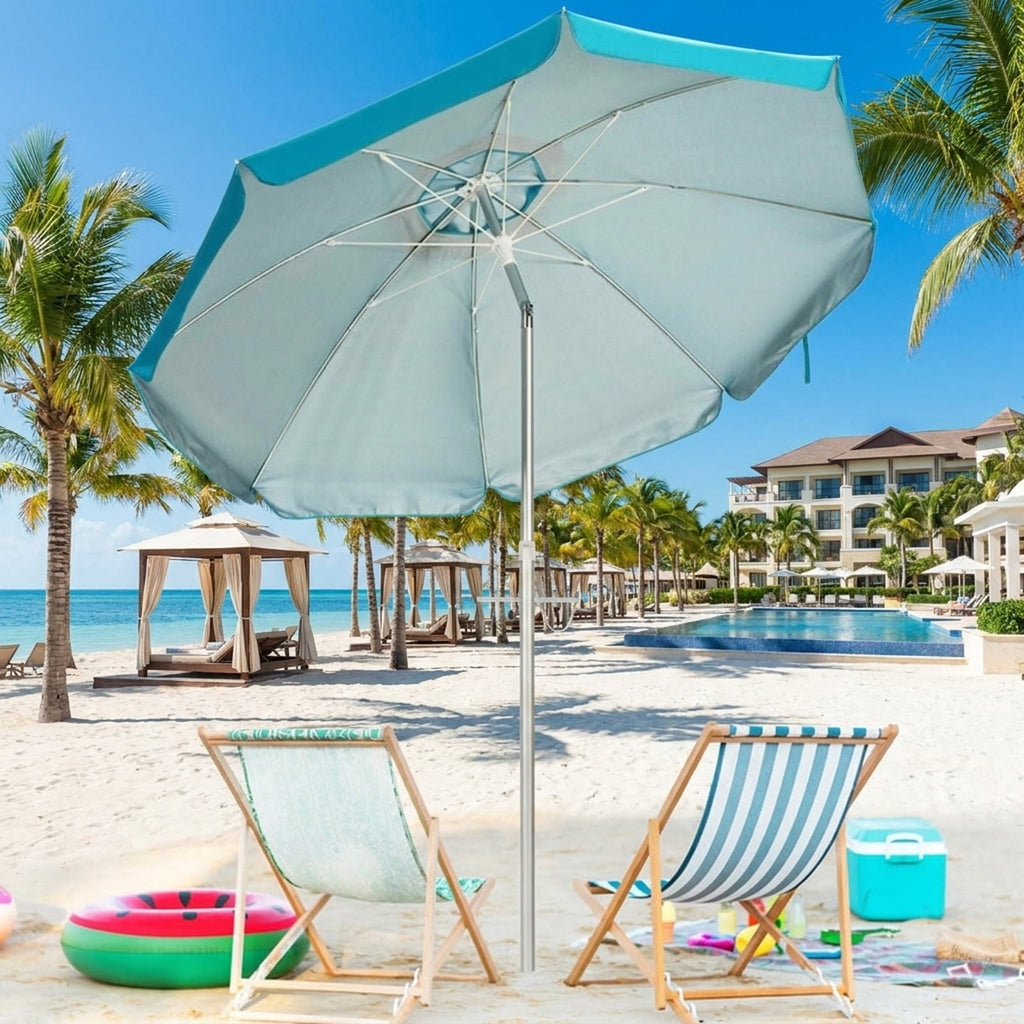 Biotree 6.5 ft Portable Beach Umbrella with Carrying Bag, 6 Ribs, Sand Tilt Mechanism - Blue for Backyard