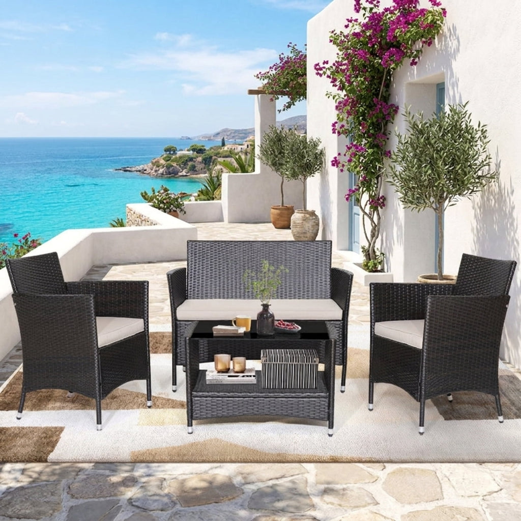 Biotree 4 Pieces Patio Conversation Set with Soft Cushions and Tempered Glass Tabletop Outdoor Conversation Set for Garden Backyard PorchMix Brown