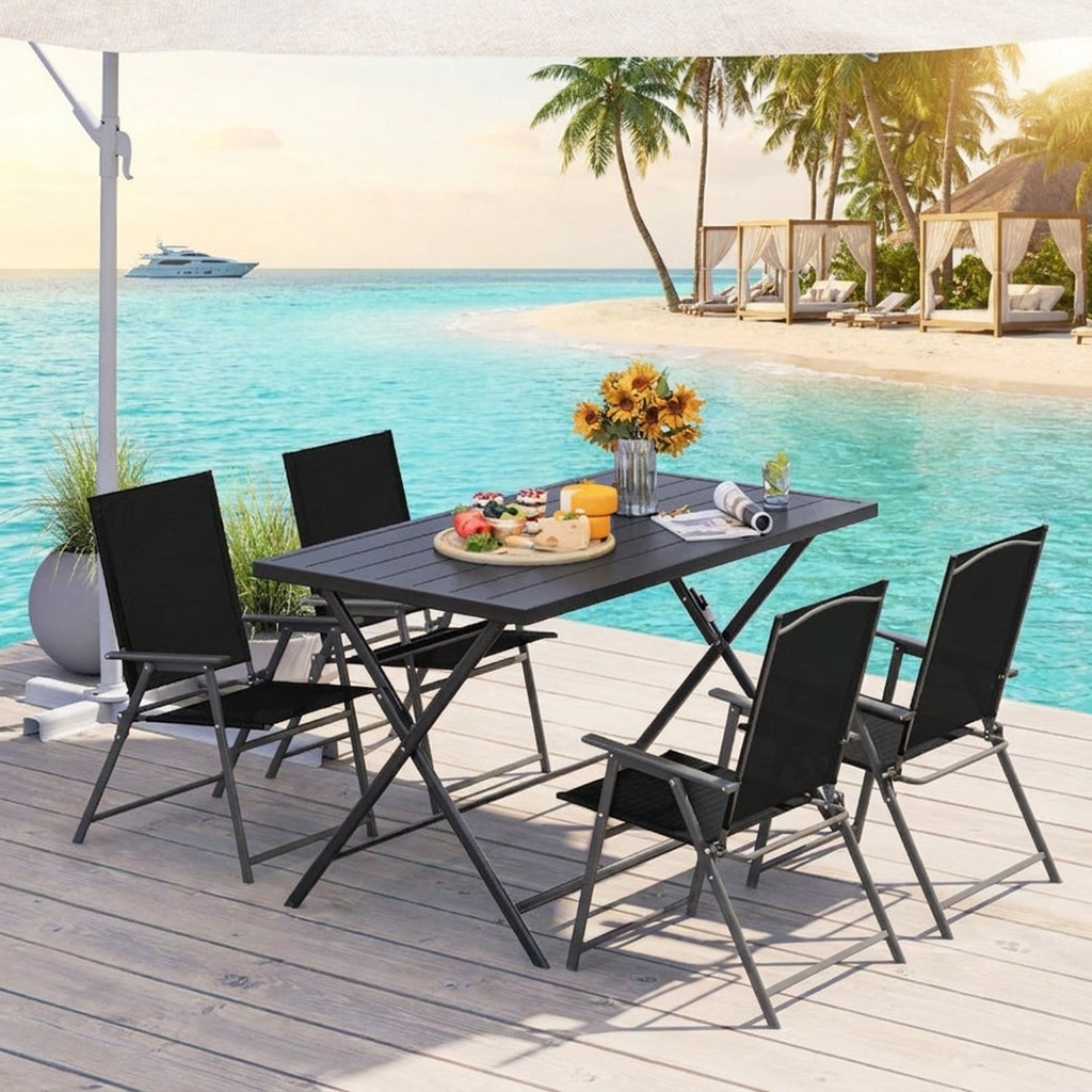 Biotree Foldable Outdoor Dining Table 48inch x 30inch Rectangular Metal Patio Table with Slatted Tabletop, Dark Brown