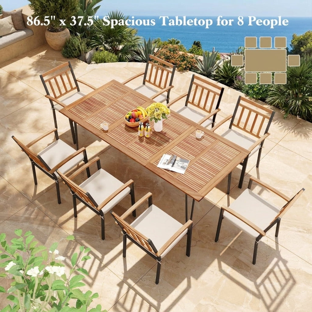 Biotree 86.5 Inch Rectangular Patio Dining Table for 8 with Acacia Wood Tabletop and Umbrella Hole-86.5 inches, Natural