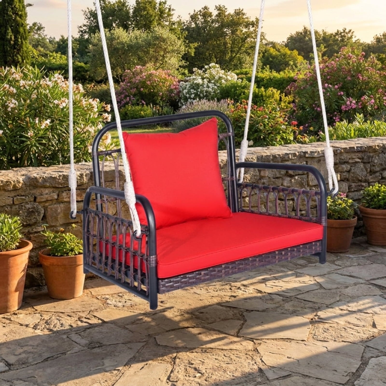 Biotree Patio Rattan Porch Swing Hammock Chair with Seat Cushion for Patio Porch Garden Backyard Outdoor, Red