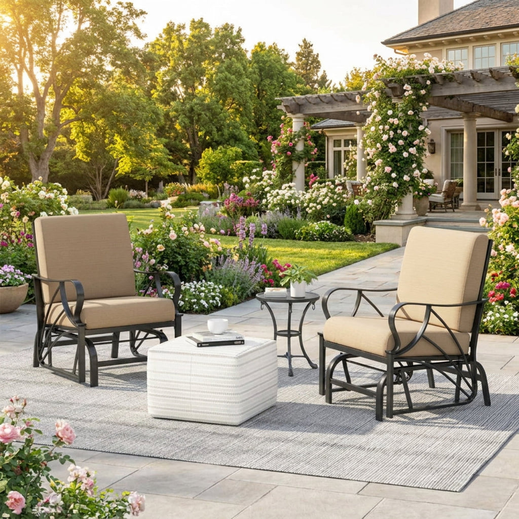 Biotree Patio Glider Rocking Chair with Thick Cushion and Curved Armrest Stackable Patio Chair for Garden BackyardTan