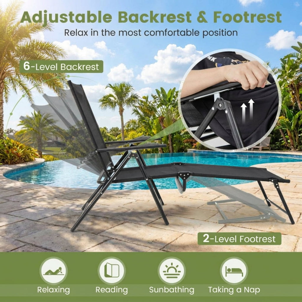 Biotree 2 Piece Patio Folding Chaise Lounge Chairs Recliner with 6-Level Backrest Stackable Patio Chair for Garden BackyardBlack
