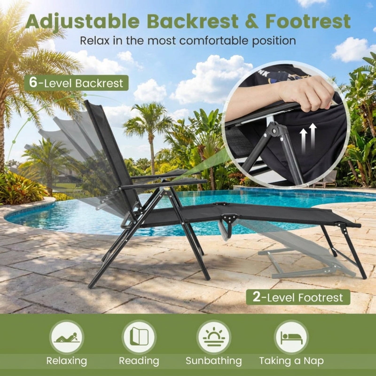 Biotree 2 Piece Patio Folding Chaise Lounge Chairs Recliner with 6-Level Backrest Stackable Patio Chair for Garden BackyardBlack