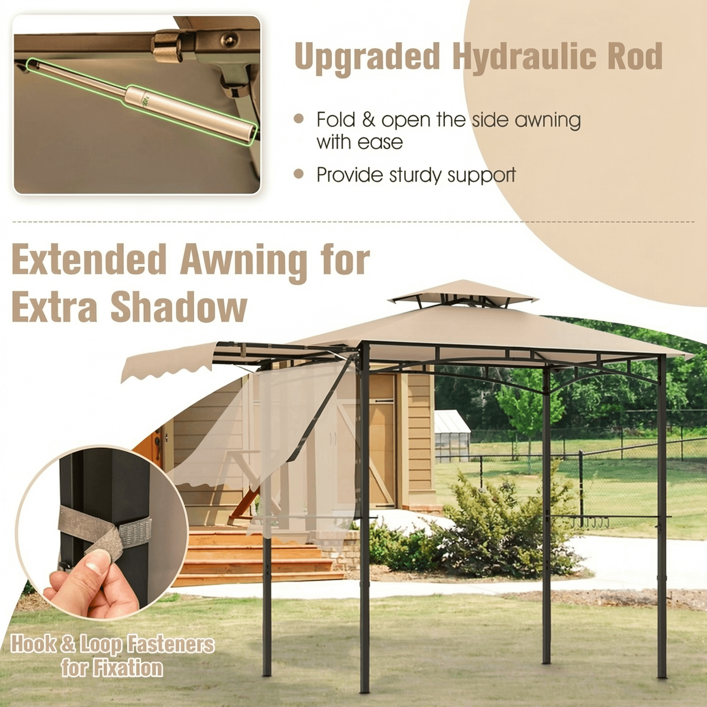 Biotree 11 x 5 FT Grill Gazebo with Side Awning and Double-Tiered Top Gray - Outdoor Patio Backyard Garden Shade Canopy Shelter