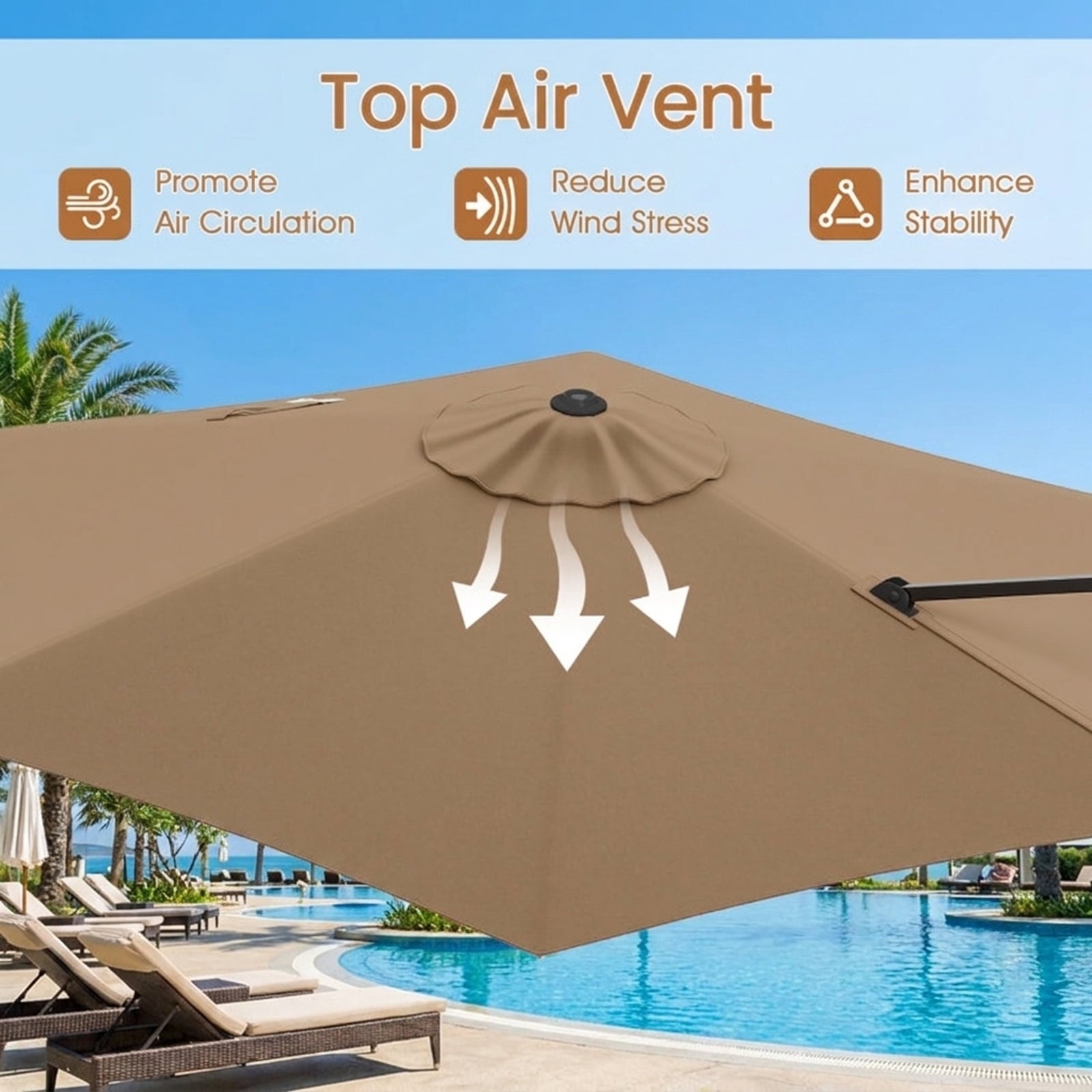 Biotree 9 ft Cantilever Patio Umbrella Offset Hanging with Cross Base, 8 Ribs - Brown for Backyard Garden Poolside