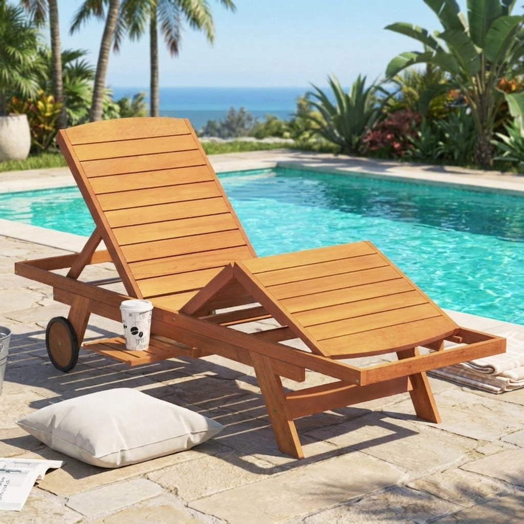 Biotree Outdoor Chaise Lounge Chair with Wheels 4-Position Patio Wood Recliner with Adjustable BackrestNatural