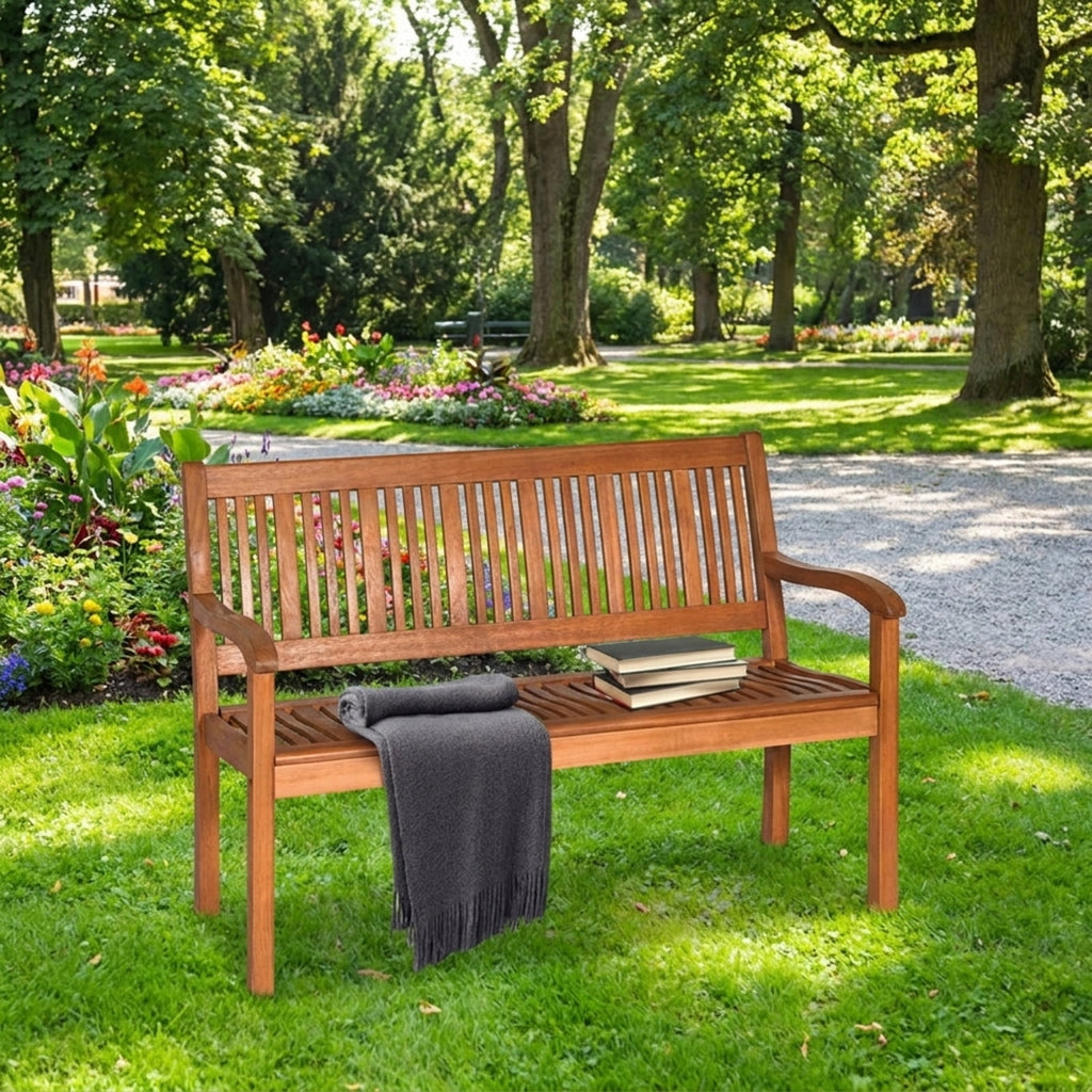 Biotree Two Person Solid Wood Garden Bench with Curved Backrest and Wide Armrest Stackable Patio Chair for Garden Backyard
