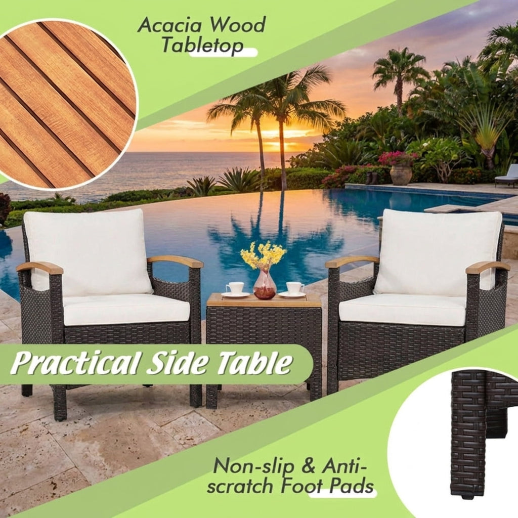 Biotree 3 Pieces Patio Rattan Furniture Set with Removable Cushion Outdoor Conversation Set for Garden Backyard PorchOff White