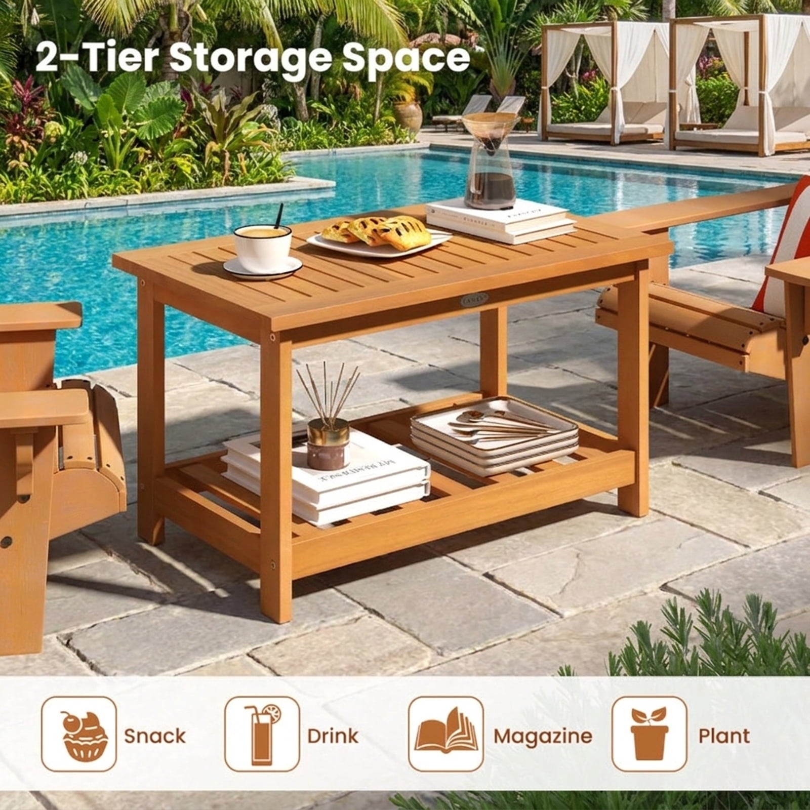 Biotree Patio Acacia Wood Coffee Table 2-Tier Rectangular Center Table, Natural