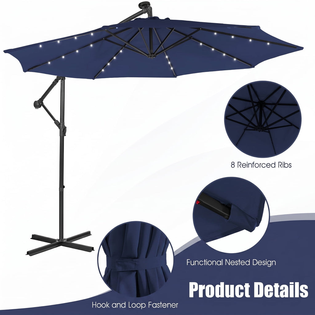 Biotree 10 ft Cantilever Offset Patio Umbrella Solar Powered Outdoor Shade - Blue - UV Protection with Cross Base
