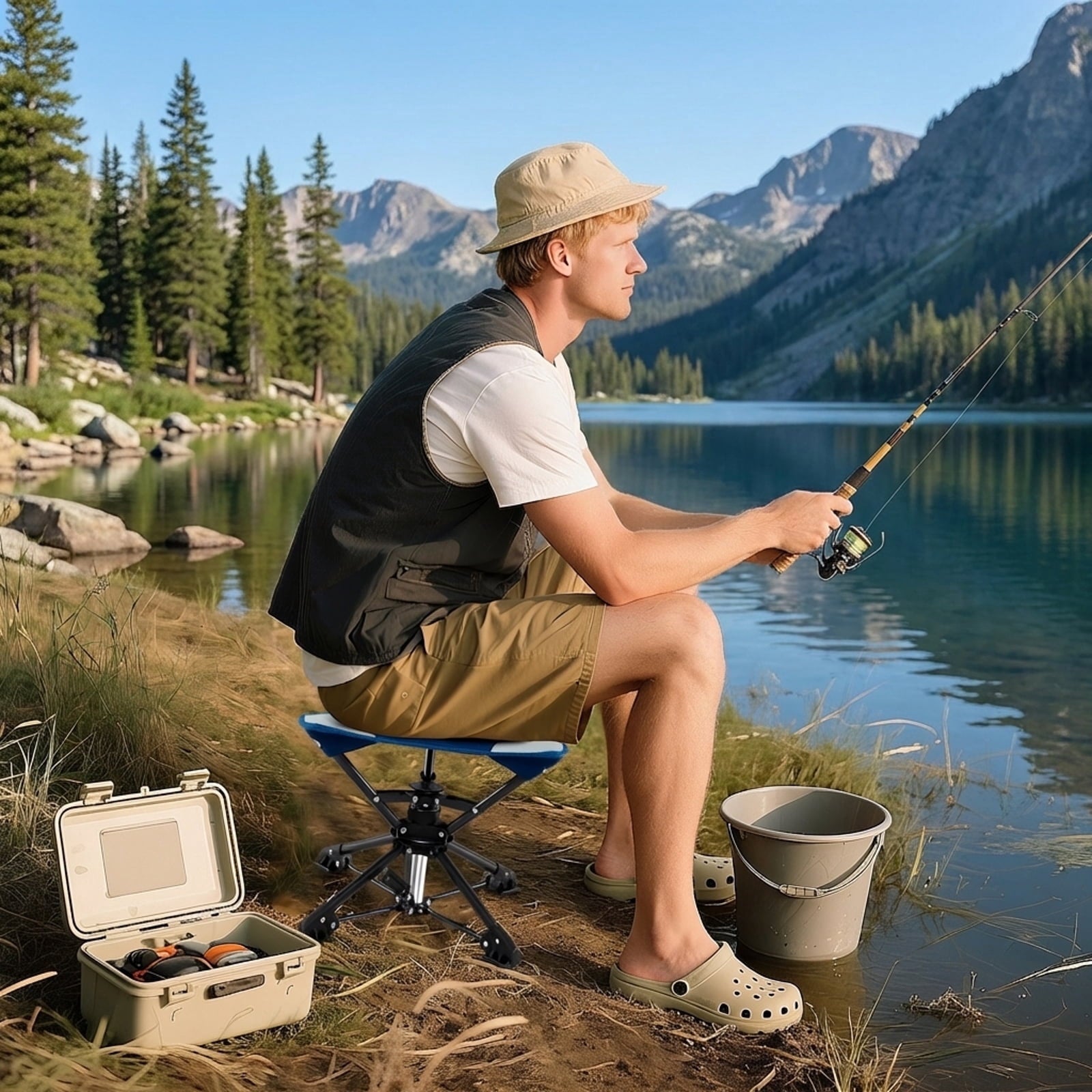 Biotree Folding 360 Degree Swivel Camping Stool with Anti-Sink Feet Portable Hunting Chair with Carry Bag for Outdoor, Blue