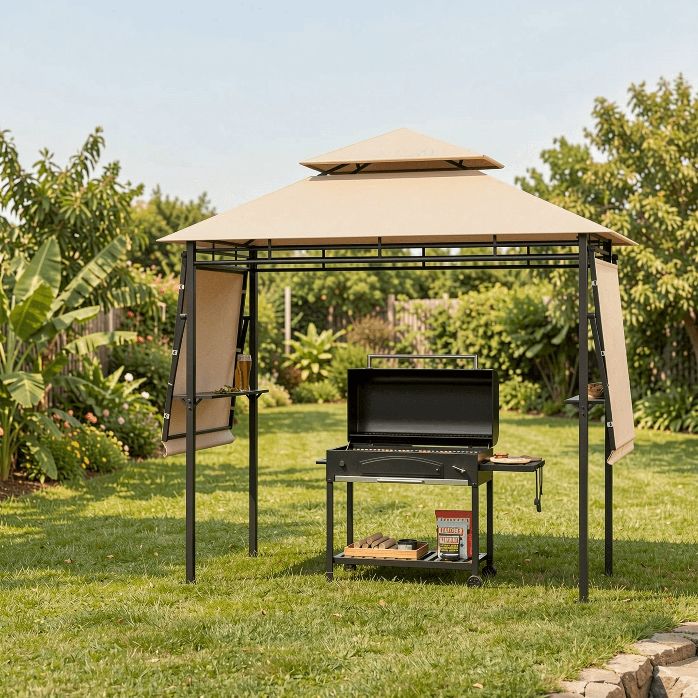 Biotree 13.5 x 4 Feet Patio BBQ Grill Gazebo Canopy with Dual Side Awnings Brown - Outdoor Patio Backyard Garden Shade Canopy Shelter