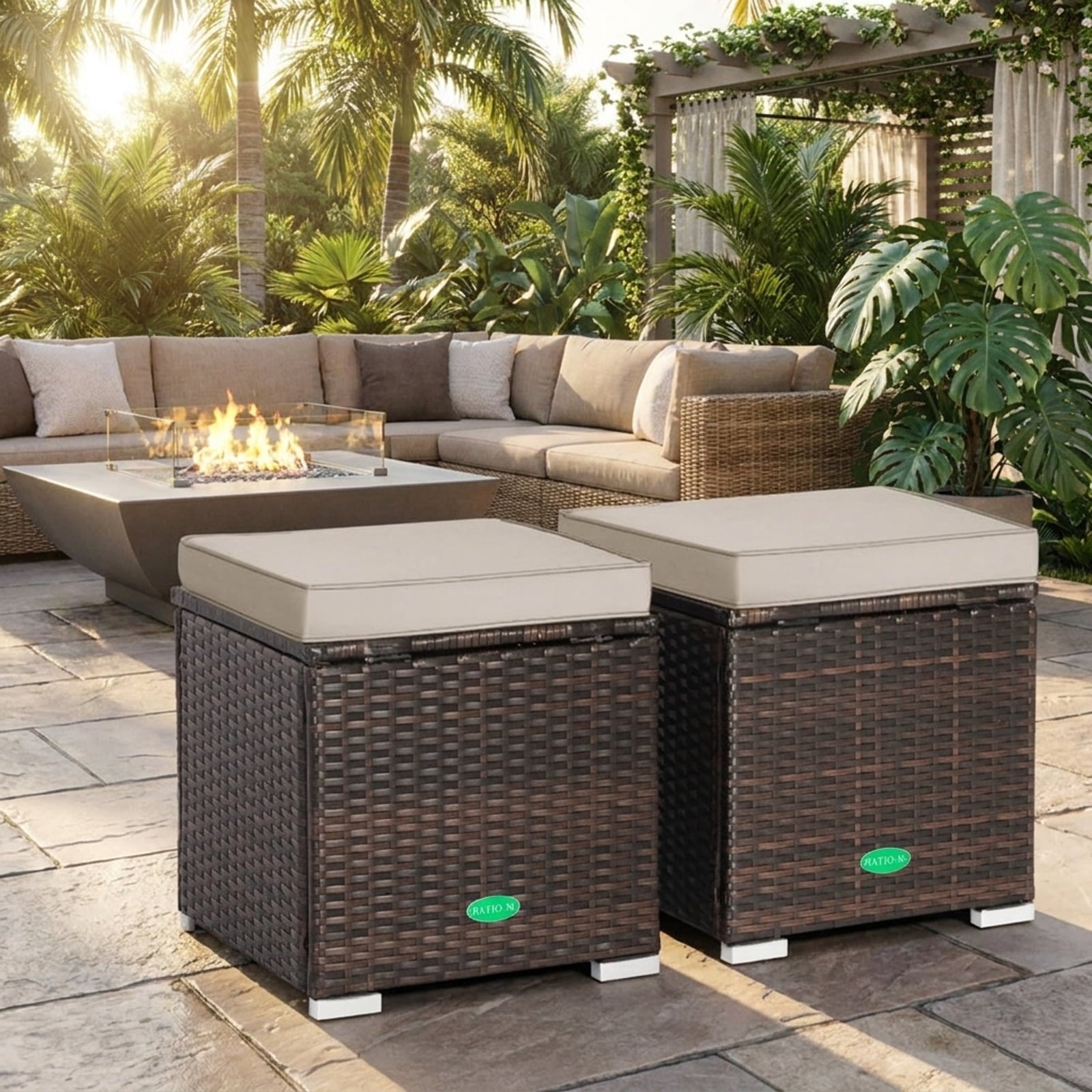 Biotree 2 Pieces Patio Ottoman with Removable Cushions Stackable Patio Chair for Garden BackyardBrown