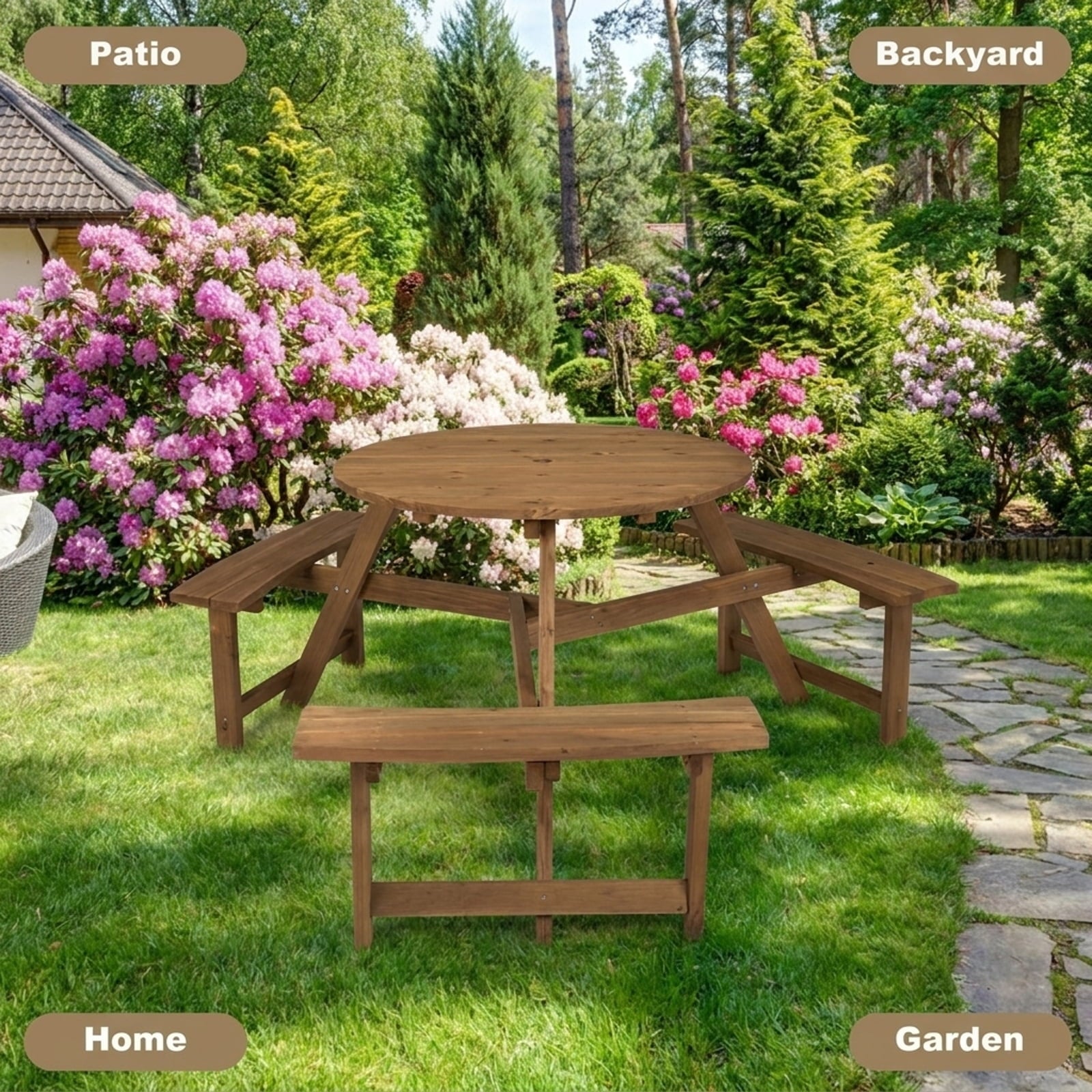 Biotree 65-Inch 6-person Round Wooden Picnic Table with Umbrella Hole and 3 Built-in Benches, Tan