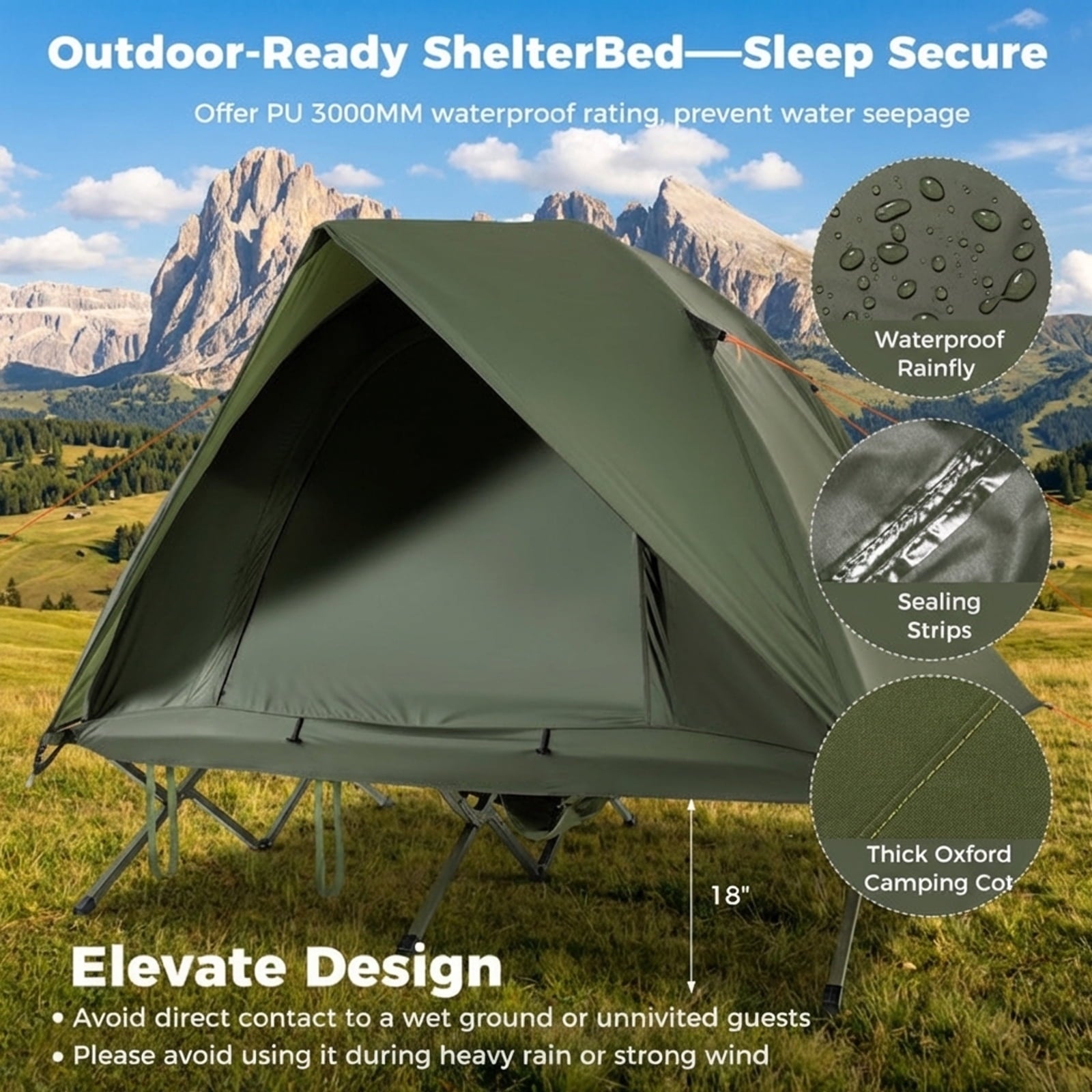 Biotree 2-Person Foldable Off-Ground Camping Cot Tent with Pop Up Shelter and Wheeled Carry Bag, Green