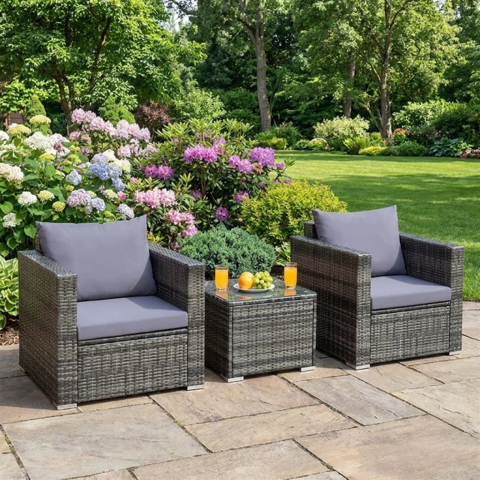 Biotree 3 Pcs Patio Rattan Furniture Bistro Sofa Set with Cushioned Outdoor Conversation Set for Garden Backyard PorchGray