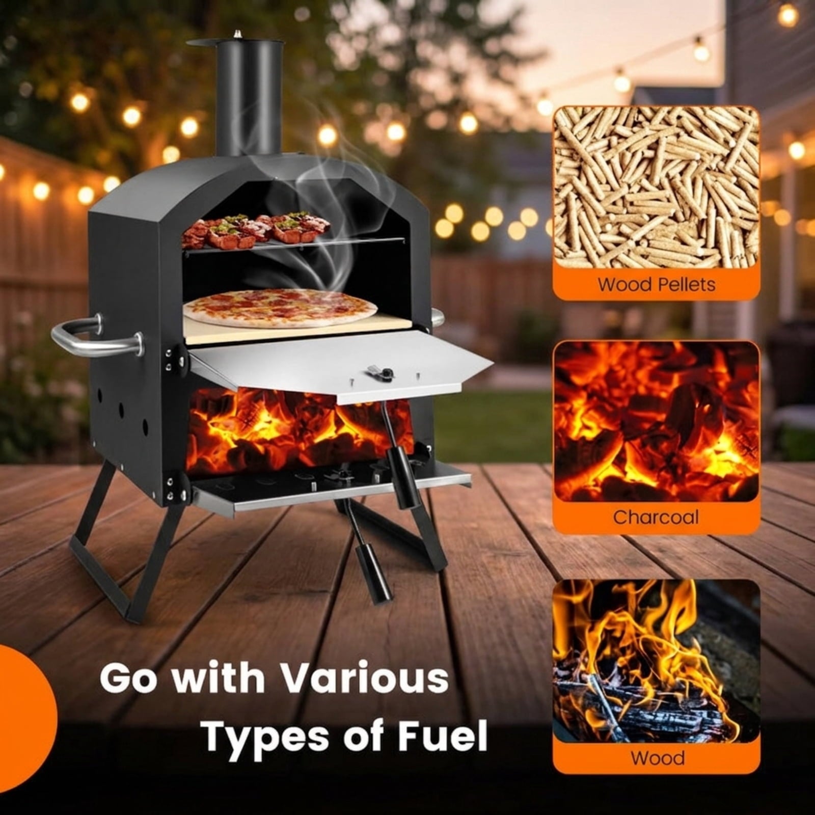 Biotree Outdoor Pizza Oven with Anti-scalding Handles and Foldable Legs for Outdoor Backyard Camping Patio BBQ, Black