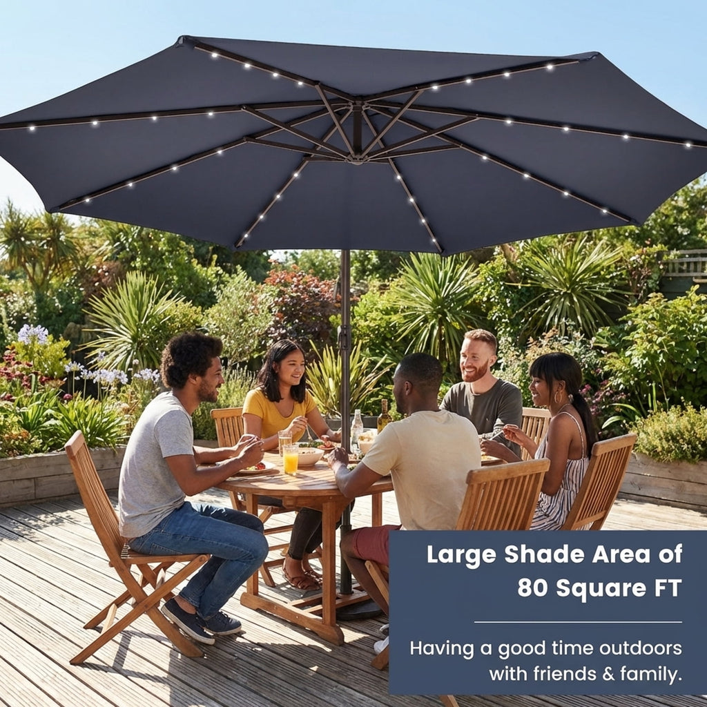 Biotree 10 Feet Cantilever Umbrella with 32 LED Lights and Solar Panel Batteries-Navy Outdoor Backyard