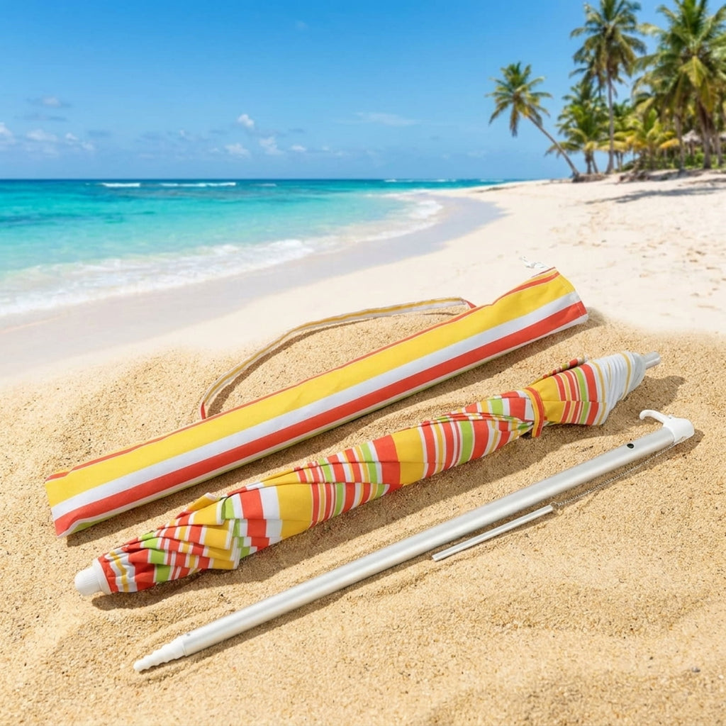 Biotree 6.5 ft Portable Beach Umbrella with Carrying Bag, 6 Ribs, Sand Tilt Mechanism - Orange for Backyard