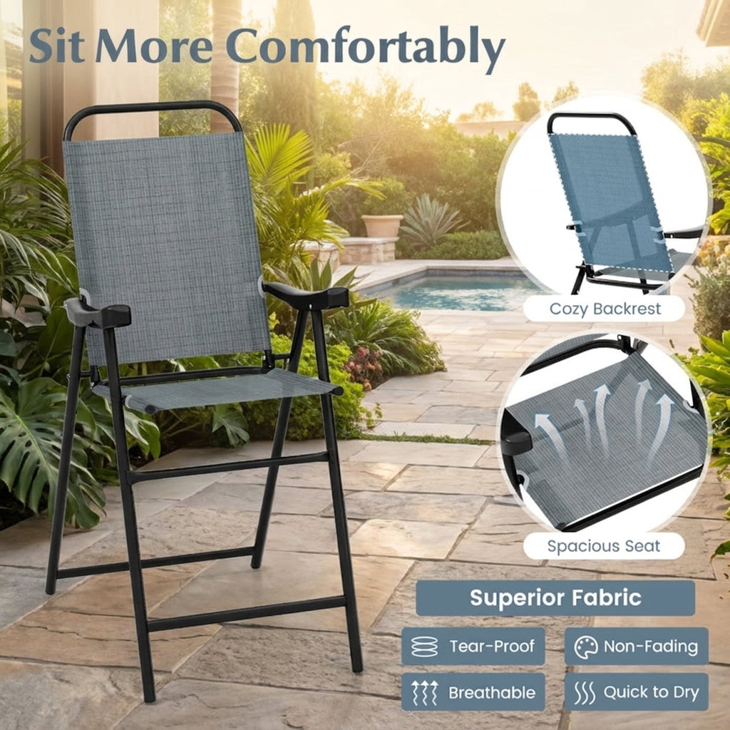 Biotree Set of 2 Patio Folding Bar Stools with Metal Frame and Footrest, Blue - Outdoor Patio Bar Height Chair with Footrest