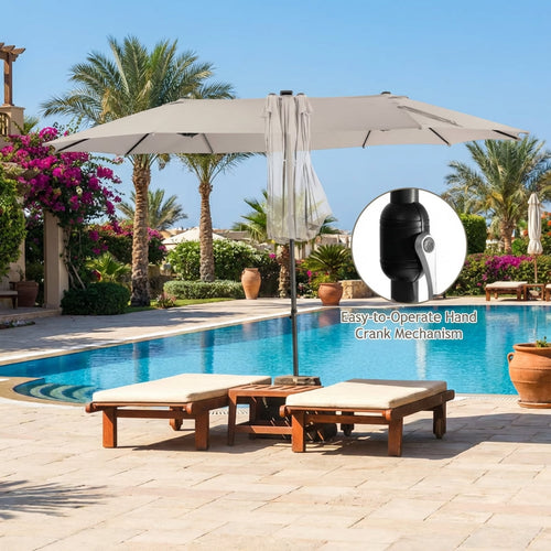 Biotree 15 Feet Twin Patio Umbrella with 48 Solar LED Lights-Beige Beige/Light Brown/Orange/Dark Red/Gray/Turquoise