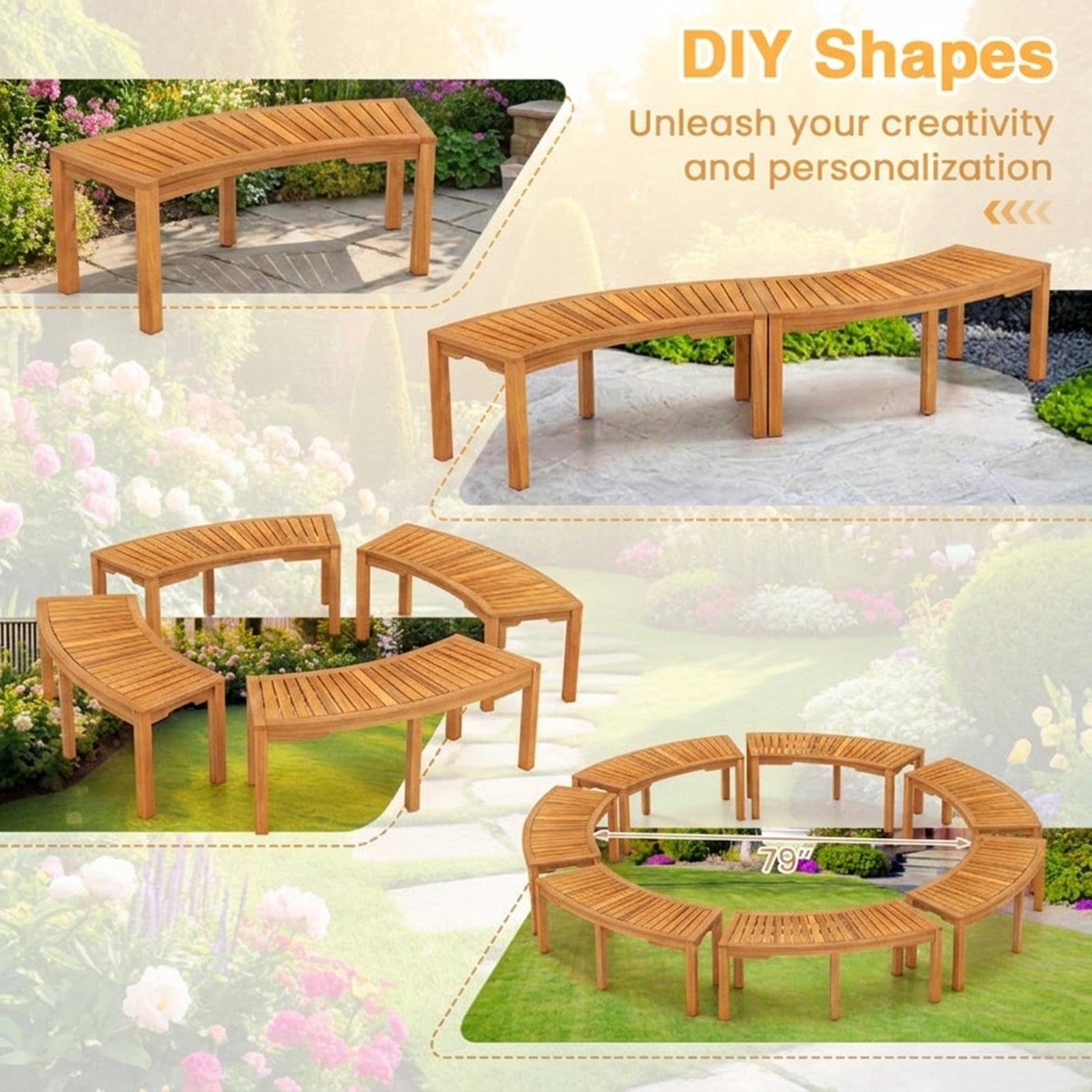 Biotree Set of 2 Outdoor Bench Acacia Wood Curved Garden Bench 2-Person Stackable Patio Chair for Garden BackyardNatural