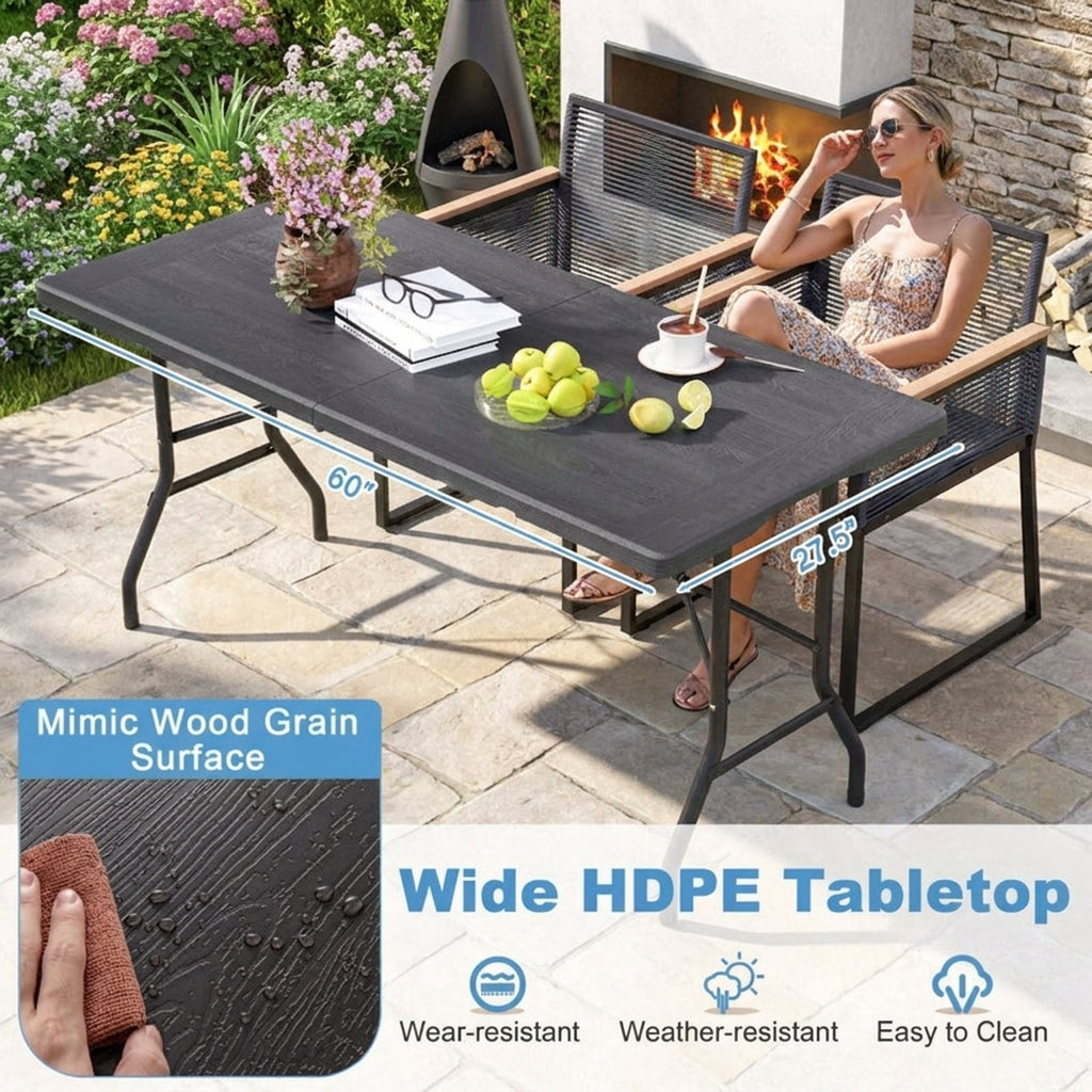 Biotree 5FT Folding Picnic Table with Wood Grain HDPE Tabletop and Non-slip Foot Pads, Black