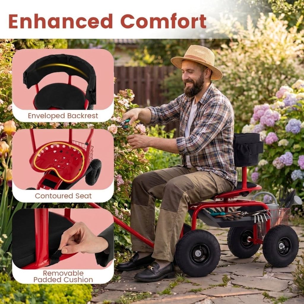 Biotree Cushioned Rolling Garden Cart Scooter with Storage Basket and Tool Pouch for Garden Yard Lawn Work Outdoor, Black