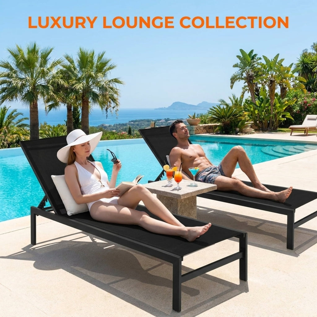 Biotree 6-Position Chaise Lounge Chairs with Rustproof Aluminium Frame Stackable Patio Chair for Garden BackyardBlack