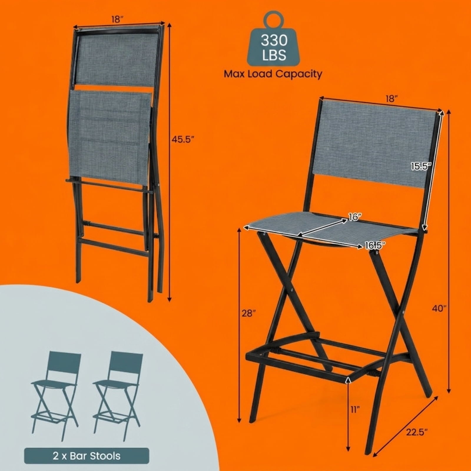 Biotree Folding Bar Stools Set of 2 Backrest Humanized Footrest for Patio Porch Garden Backyard Outdoor, Blue
