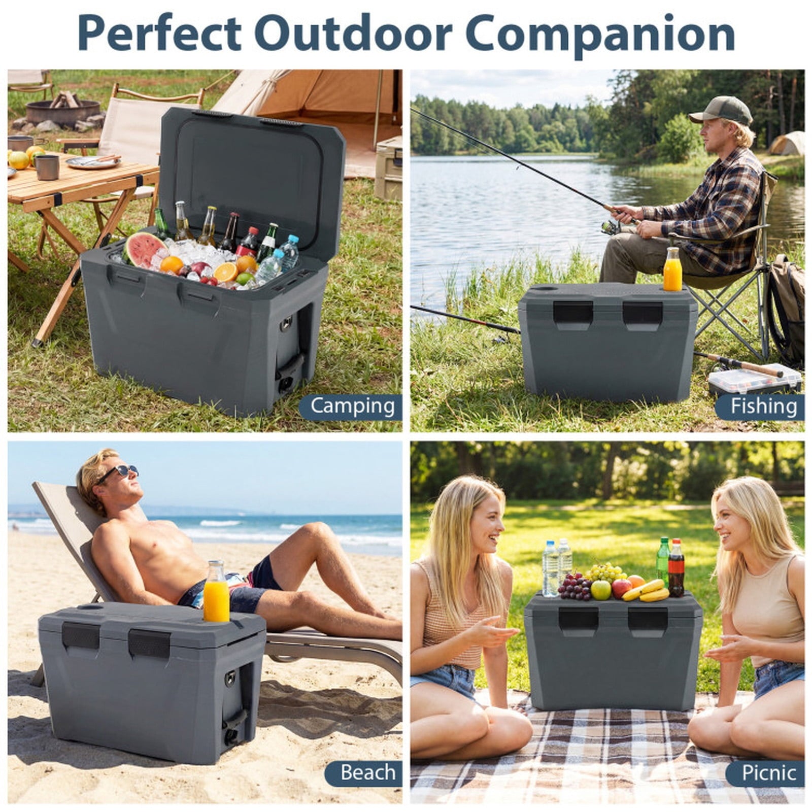 Biotree Insulated Portable Cooler Hard Shell Ice Chest with 2 Cup Holders Bottle Opener and Drain Plug, 37 Qt, Gray