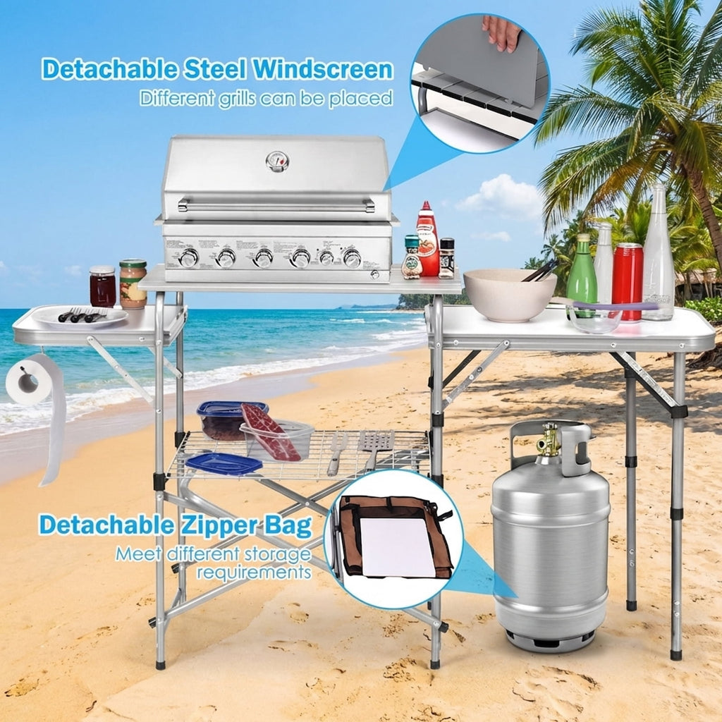 Biotree Foldable Outdoor BBQ Portable Grilling Table with Windscreen and Carry Bag Camping Grill Table for Cooking, Gray