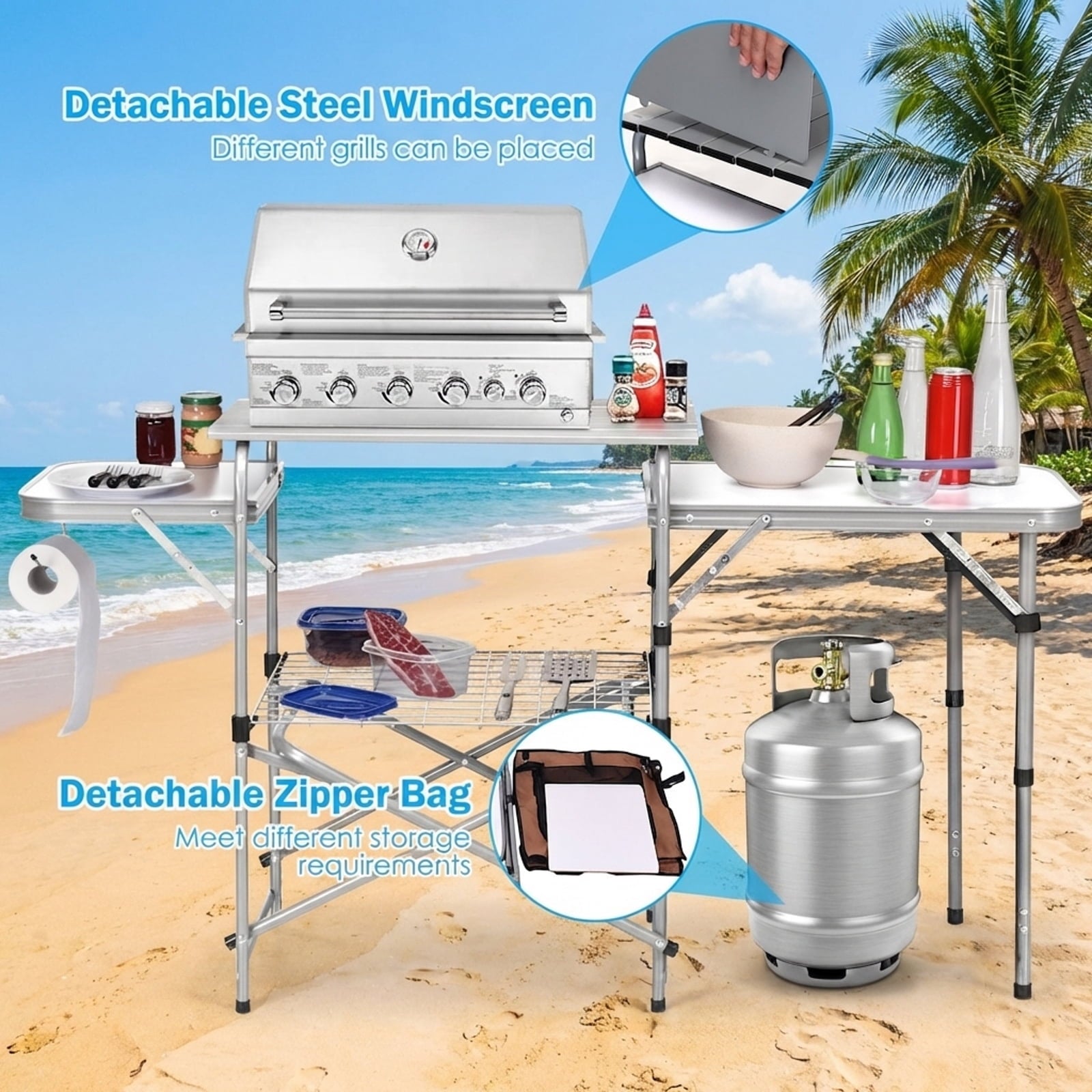 Biotree Foldable Outdoor BBQ Portable Grilling Table with Windscreen and Carry Bag Camping Grill Table for Cooking, Gray