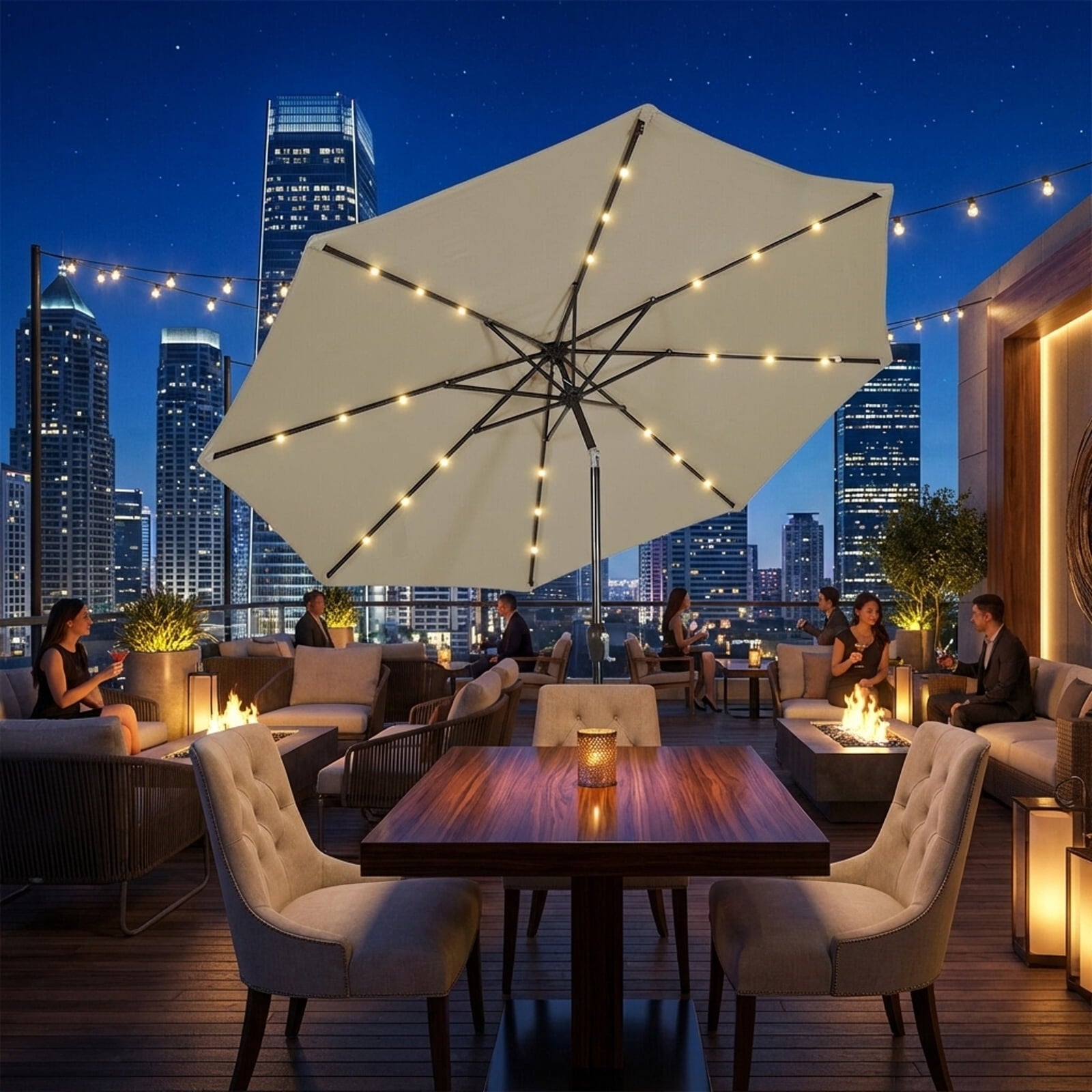Biotree 10 Solar LED Lighted Patio Market Umbrella Shade Tilt Adjustment Crank-Tan Outdoor Backyard