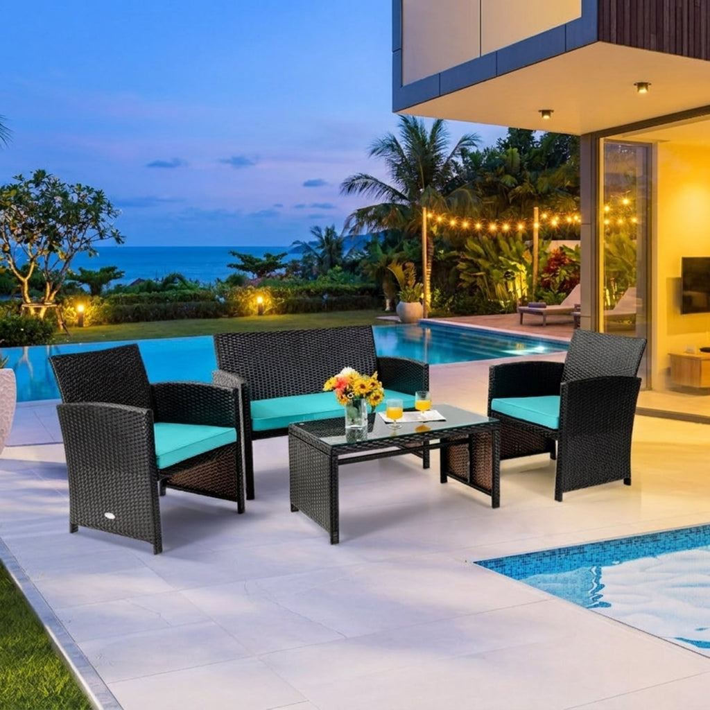 Biotree 4 Pieces Patio Rattan Furniture Set with Glass Table and Loveseat Outdoor Conversation Set for Garden Backyard PorchGray