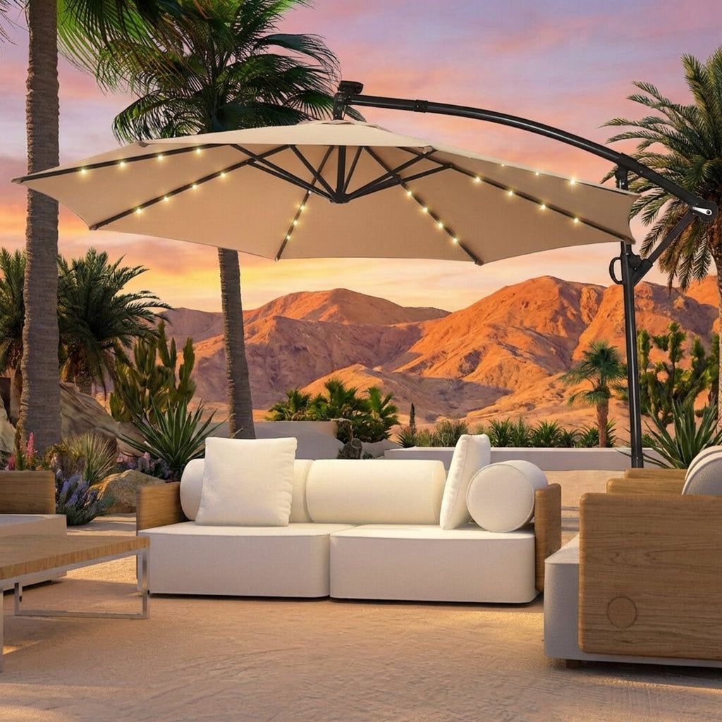 Biotree 10 ft 360¡ã Rotation Solar Powered LED Patio Offset Umbrella without Weight Base-Beige Outdoor
