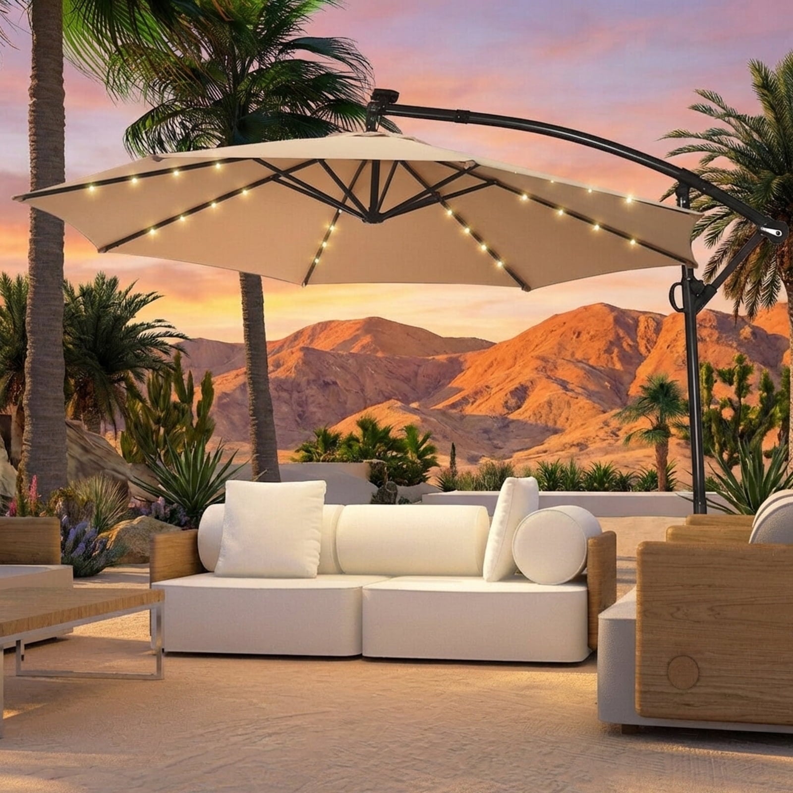 Biotree 10 ft 360¡ã Rotation Solar Powered LED Patio Offset Umbrella without Weight Base-Beige Outdoor