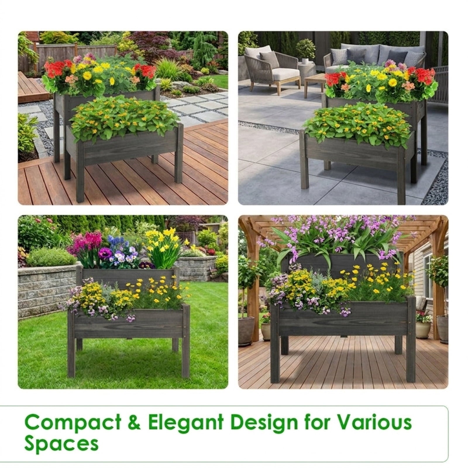 Biotree 2 Tier Wooden Raised Garden Bed with Legs Drain Holes, 34x33.5x28.5 Inch Stacked Fir Wood Elevated Planter Box for Vegetables Flowers Herbs, Gray